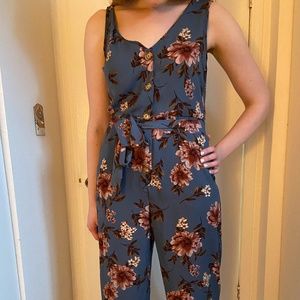 Xhilaration Blue and Pink Floral Button-Front Sleeveless Tie-Waist Jumpsuit